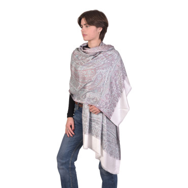 Velká šála s paisley vzorem a třásněmi, bílá, 75x205cm