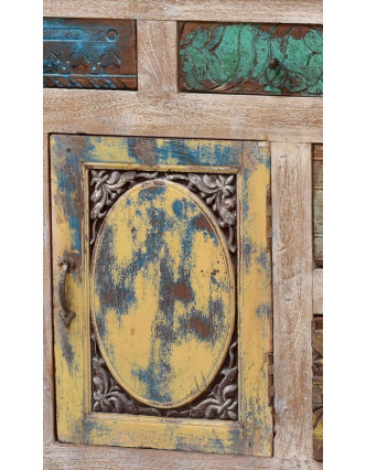 Komoda z antik teakového dřeva, dvířka s ručními řezbami, 181x44x84cm