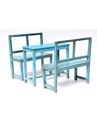 Dvě lavice a stůl, antik teak, modrá patina, 90x34x90cm