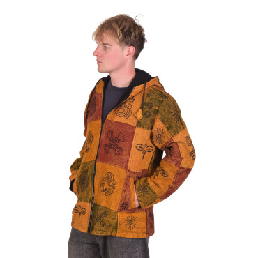 Oranžová bunda s kapucí, flísová podšívka, patchwork, stonewash