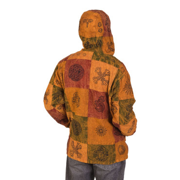 Oranžová bunda s kapucí, flísová podšívka, patchwork, stonewash