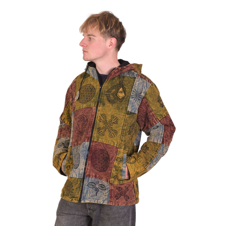 Zelená bunda s kapucí, flísová podšívka, patchwork, stonewash