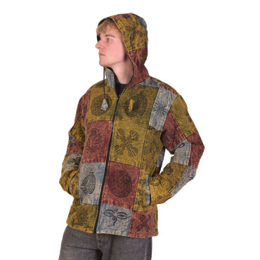 Zelená bunda s kapucí, flísová podšívka, patchwork, stonewash
