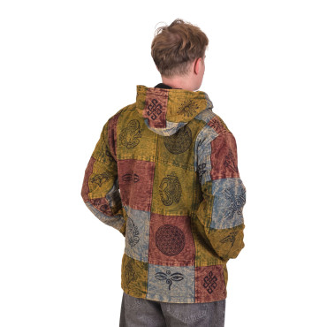 Zelená bunda s kapucí, flísová podšívka, patchwork, stonewash