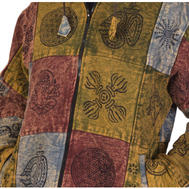 Zelená bunda s kapucí, flísová podšívka, patchwork, stonewash