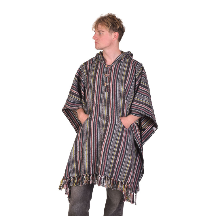Tibetské pončo z česané bavlny, kapsy, kapuca