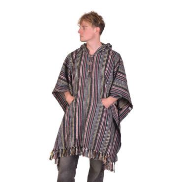 Tibetské pončo z česané bavlny, kapsy, kapuca