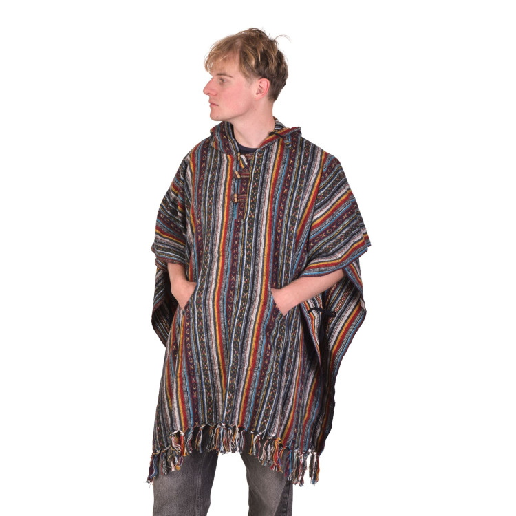 Tibetské pončo z česané bavlny, kapsy, kapuca