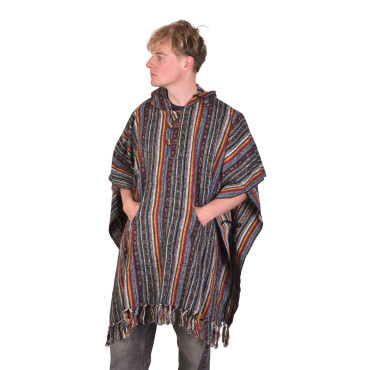 Tibetské pončo z česané bavlny, kapsy, kapuca