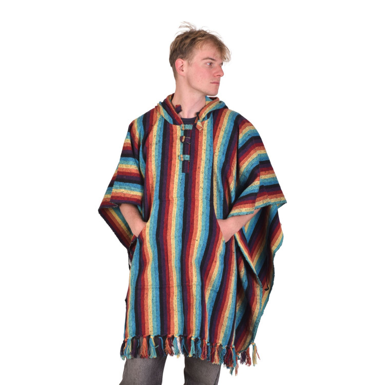 Tibetské pončo z česané bavlny, kapsy, kapuca