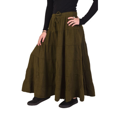 Dlouhá mušelínová sukně, guma a šňůrka v pase, khaki