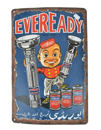 Kovová antik reklamní cedule na stěnu, "Eveready Flash Light", 30,5x45,5cm