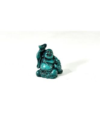 Buddha, smějící, tyrkysový, jedna ruka nahoře s miskou, pryskyřice, 5cm