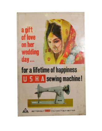 Antik kovová reklamní cedule na stěnu, "Usha Sewing Machine", 48x73cm