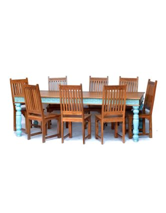 Jídelní stůl + 8 židlí, antik teak, ruční řezby, tyrkysová patina, 240x100x78cm
