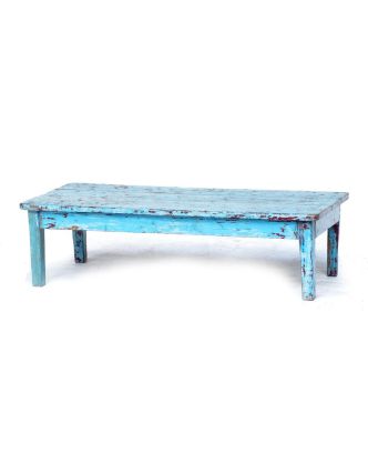 Čajový stolek z antik teakového dřeva, tyrkysová patina, 92x46x24cm