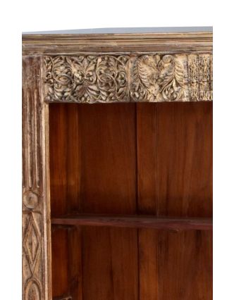 Knihovna z antik teakového dřeva, ruční řezby, bílá patina, 149x44x184cm