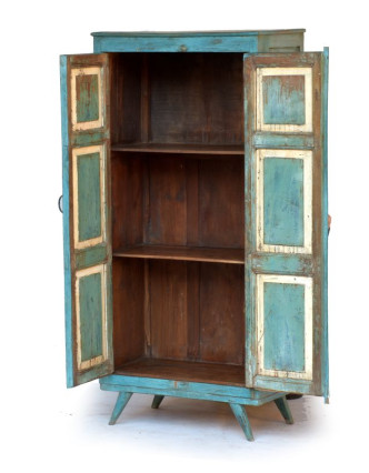 Skříň z antik teakového dřeva, tyrkysová patina, 70x39x150cm