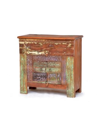 Komoda z antik teakového dřeva, zdobená řezbami, 97x48x95cm